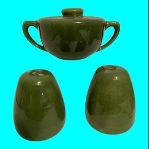 Vintage Bauer Pottery Sugar Bowl Salt And Pepper Shakers Moss Green